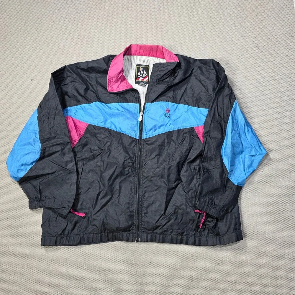 Vintage 90s‎ USA Olympics JCPenney Windbreaker Jacket XL Black Blue Pink